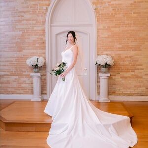 Elegant White Satin A-Line Wedding Dress with Train